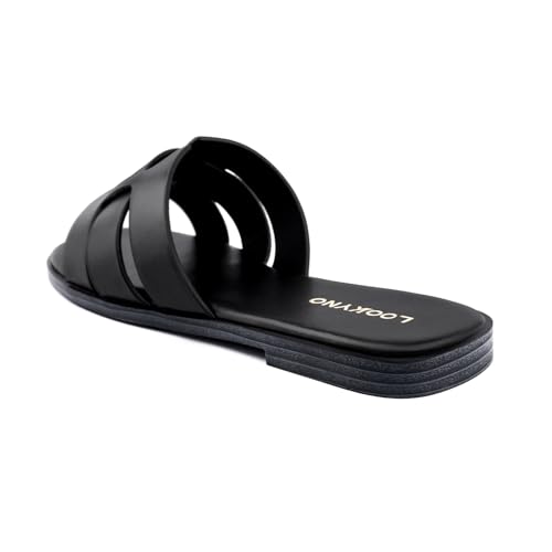 Image of Flat Sandals for Women Comfortable Slip On Dressy Summer Leather Slides with Square Open Toe