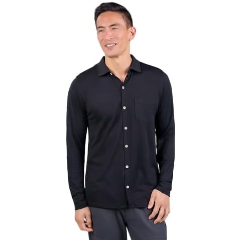 Men's Merino Wool Long Sleeve Button Up - Wicking Breathable Anti-Odor - Black - M Cover