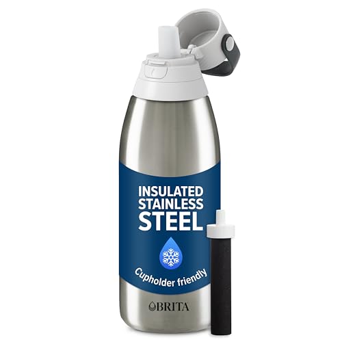 Product Image of the Brita Insulated Filtered Water Bottle with Straw, Reusable, Christmas Gift and Stocking Stuffer For Men and Women, Stainless Steel Metal, 32 Ounce