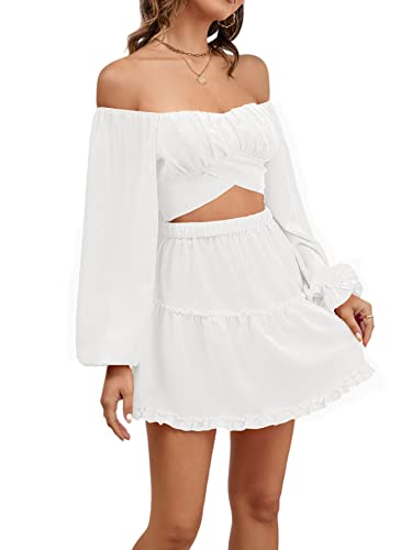 Lyaner Women's 2 Piece Outfits Self Tie Knot Crop Top And Mini Skirt Set White Medium #TOP2