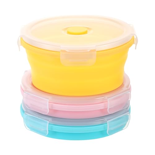 Zourglow 3 Piezas Recipientes Plegables de Silicona, Portátil Plegable Fiambrera con Tapa, Reutilizable Contenedores Plegables para Cocina Camping Picnic Oficina, Redondo 550 ml
