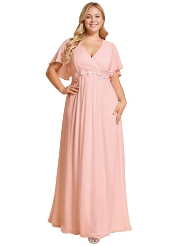 Robe de soirée grande taille col V mousseline rose taille 54 Ever-Pretty Plus longue habillée