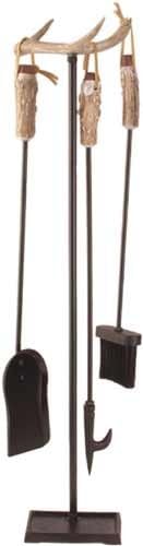 Antler Fireplace Set w/Metal Base/Nylon Brush. Real Deer Antler top 34" Tall, Tools 26" Long