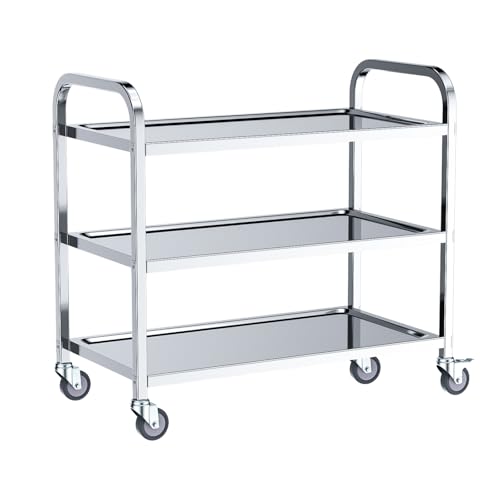 VELPAX 3 Tier Stainless Steel Kitchen Utility Cart, 750×400×835MM Large Rolling Catering Storage Cart, Serving Trolley with Locking Wheels for Kitchen, Hotels, Restaurants