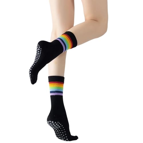 Yoga Pilates Socks with Grips for Women Striped Cushioned Non Slip Crew Socks for Barre Ballet Dance