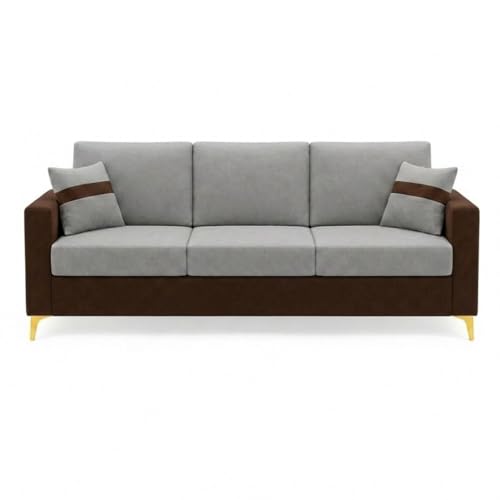 Image of Strike Dual Tone Plush 5 Seater L Shape Sofa Set with 2 Movable Ottomans | Flexible Layout | Silken Velvet Suede| Golden Metal Legs| for Living Room & Office Spaces (Dark Brown & Dark Grey)