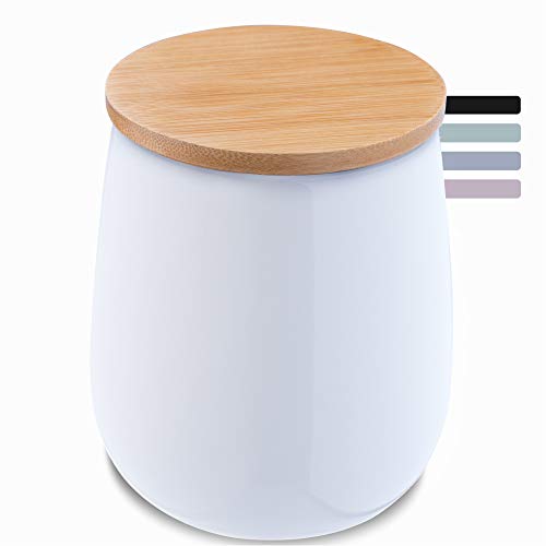 KADAX Gobelet brosse à dent en céramique, Porte Brosse à Dents avec couvercle en bambou, Boîte de rangement pour coton, pot de brosse à dents ronde (blanc)
