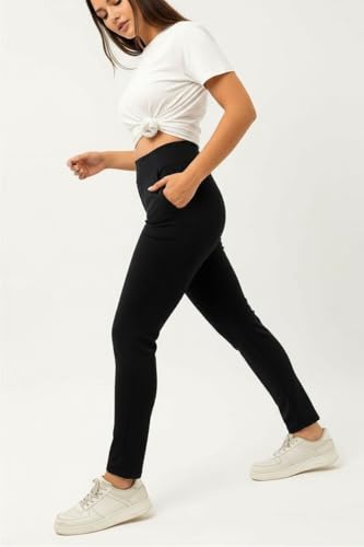 Image of EcoLove Women's Black Ribbed Knit Pants, High-Waisted, Tapered Fit
