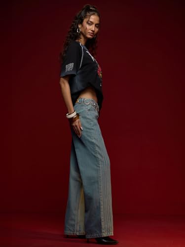Image of The Souled Store Straight-Fit Denim: Sapphire Women and Girls Buttoned Blue Solid Lightly Washed Straight Fit Cotton Jeans