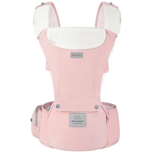 Image of Bebamour Baby Carrier Safety-Certified Hip Seat Baby Carrier Newborn to Toddler Baby Hipseat 0-36Months with Head Hood, 3 PCS Teething Pads, Waist Extender & Storage Bag（New Pink）