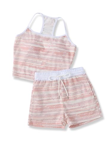 Image of Size 7-14Y Girls Clothes 2 Piece Outfits Striped Tank Top Drawstring Shorts Teen Girls Summer Clothing Sets
