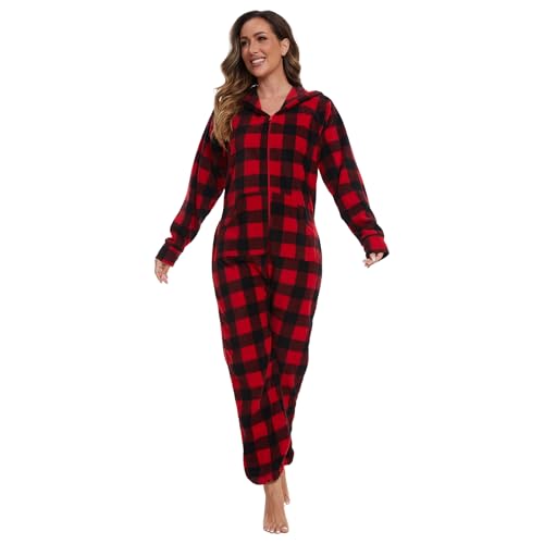XMASCOMING Women's & Men's Hooded Fleece Onesie Pajamas Red Black Plaid Size US M
