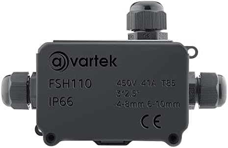 AVARTEK - IP66 Junction Box Waterproof, 3-Way Outdoor Extension Electrical Cable Protector, PG9 Connector Gland, Cable Diameter Ø 4mm-8mm (Black)