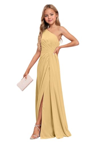 Junior Bridesmaid Dresses for Teen Girls One Shoulder Chiffon Flower Girl Dress Gold Long Party Pageant Gowns Size 10