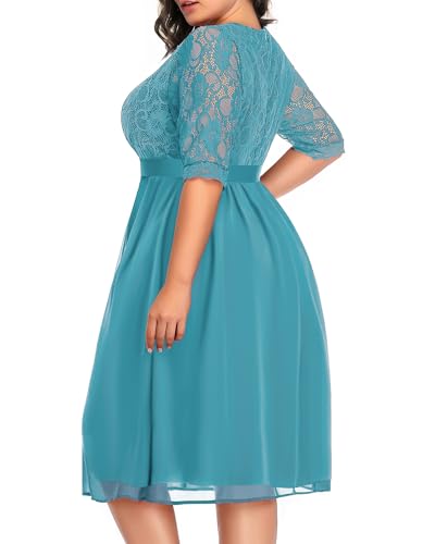Image of Pinup Fashion Plus Size Lace Chiffon Wrap V Neck Dresses Women Cocktail Wedding Guest Midi Dress