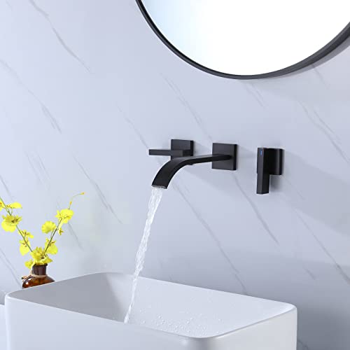 RBROHANT Brushed Brass Wall Mount Bathroom Faucet Matte Black Bathroom Sink Faucet, 2 Handles, Wall Mounted, Rough-in Valve Included, RB0998