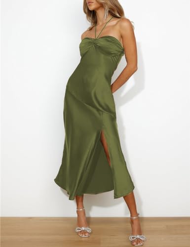 Image of VUBIYA Women's Summer Satin Strapless Slit Halter Midi Dress Wedding Guest