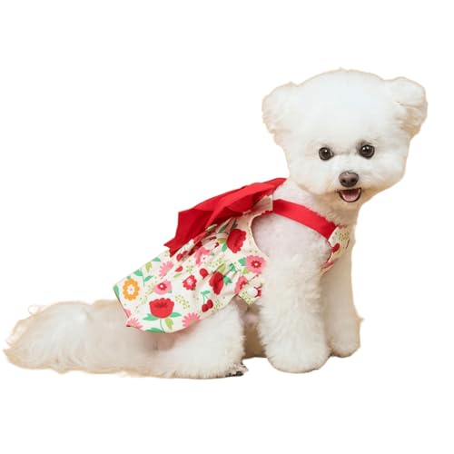 UOSIA かわいい花柄の犬用ドレス 赤いリボン付き パピープリンセス 快適なベストスカート 甘いプリントの夏用ペット服 小型犬用ウェディングパーティー衣装