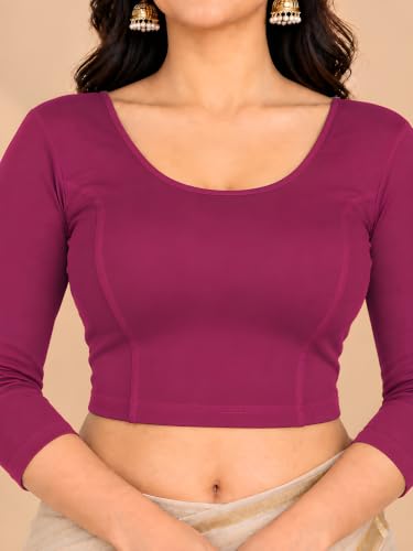 Image of Abhi Cotton Readymade Saree Blouse for Women- 3 /4 Sleeve, Round Neck, Regular-fit, Stretchable, Pull-on Style