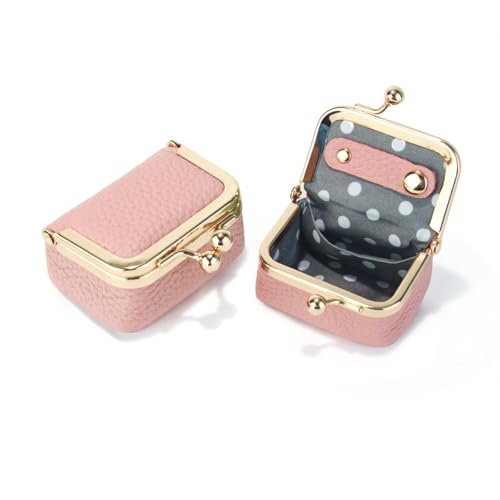 Nefokfdus Genuine Leather Mini Jewelry Box Coin Purse for Women Solid Color Kiss Lock Jewelry Case Organizer Mini Travel Ring Box Pink Pouch