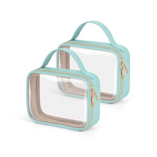 Image of Wedama TSA Approved Toiletry Bag, 2 Pack Clear Makeup Bags with Handles, Quart Size PVC Clear Cosmetic Bags for Women and Men, Carry on Airport Airline Compliant Bag, Cyan Green