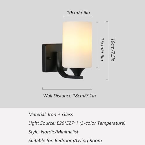 Aplique de pared cilíndrico de hierro negro con pantalla de vidrio esmerilado para dormitorio 7