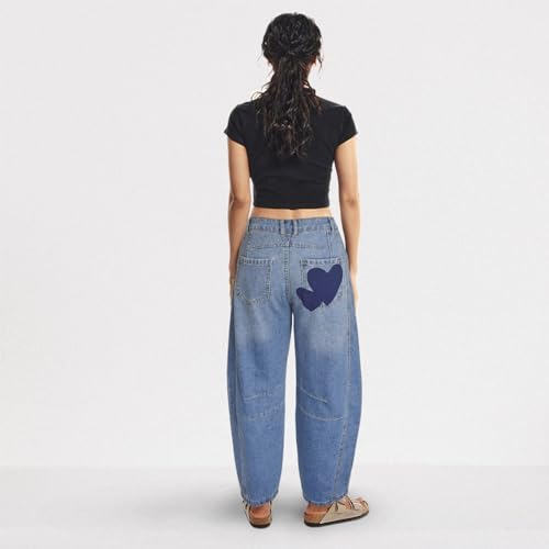 Barrel Jeans for Women Mid Rise Heart Printed Denim Ankle Pants Vintage Baggy Boyfriend Jeans2