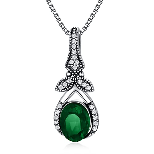 AOBOCO Emerald Green Necklace Sterling Silver Retro Vintage Oxidized Teardrop