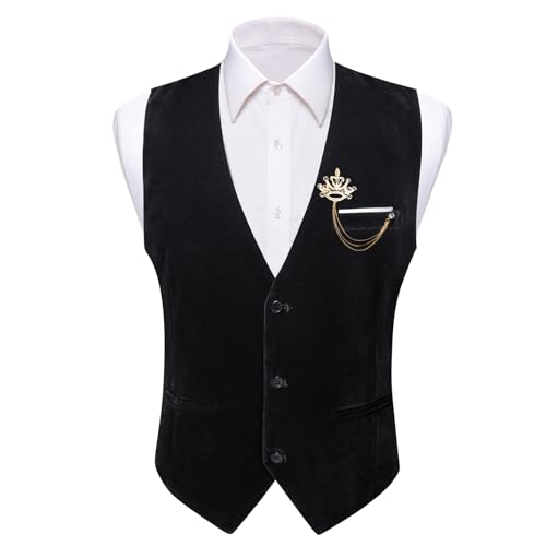 Barry.Wang Mens Velvet Vest V-neck 2 Pockets Gold Brooch Suit Waistcoat Set for Prom Wedding Party Dinner2