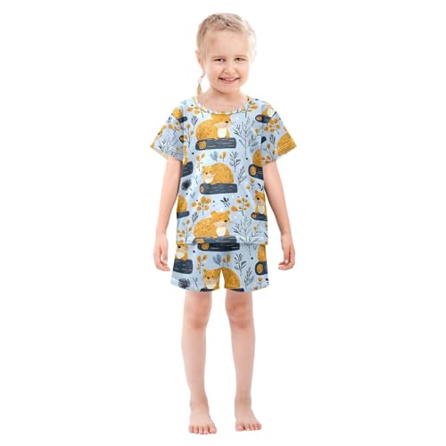 ALAZA Beaver Leaf Dot Blue Pajamas Set Short Sleeve Cotton Sleepwear Summer Pjs 2 Piece 5-14Y3