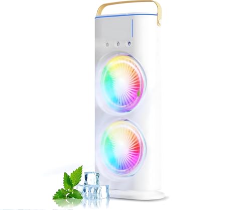 Mini Cooler Double Fan, 2026 USB Rechargeable 3-Speed Quiet Dual Spray Fan, Air Cooler with LED, Remote & 280ml Tank for Home, Office, Energy Saving