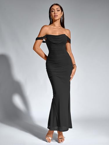 Image of KUTUMAI Off The Shoulder Maxi Long Dress Corset Ruched Bodycon Cocktail Formal Wedding Guest Dresses for Women