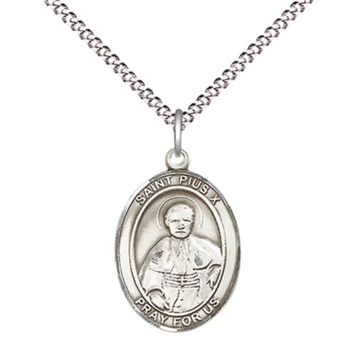 Medium Women's Sterling Silver Saint Pius X Pendant Necklace on 18-inch Chain and Gift Box Patron Saint of First Communicants, Religious Medal – Made in USA