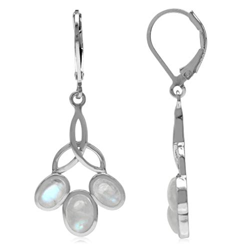 Silvershake 3 Stone Natural Oval Shape Moonstone 925 Sterling Silver Triquetra Celtic Knot Leverback Earrings