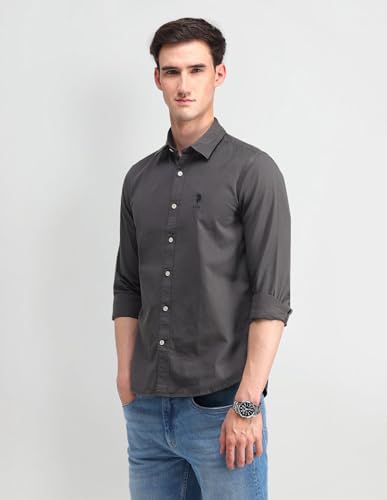 Image of U.S. Polo ASSN. Solid Slim Fit Shirts for Men - 100% Cotton, Full Sleeve Mens Casual Shirts