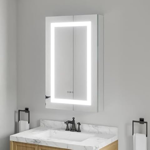 20"X32" Lighted Medicine Cabinet with Mirror, Built-in Outlets and USB Ports, Anti-Fog 3 Colors Dimmable LED Medicine Cabinet Mirror for Bathroom, Adjustable Shelf Storage, Recessed or Surface Mount Cover