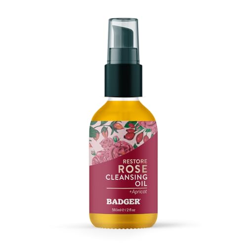 Badger Rose Face Cleansing Oil, Organic Facial Cleanser & Makeup Remover, Non-Greasy Moisturizing Skin Balancing Gentle Face Cleanser w/Pure Rose Oil, 2 fl oz Glass Bottle