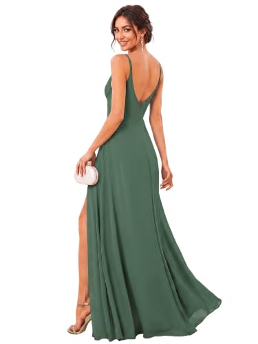 Image of Ever-Pretty Women's Summer Backless Spaghetti Straps Bridesmaid Dresses Chiffon V-Neck Slit Long Formal Wedding Guest Dress