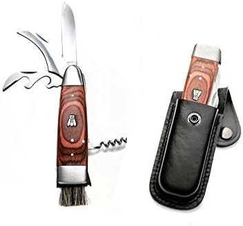 Laguiole mushroom knife with leather case, genuine multifunctions knife, efficient and strong: with2 blades (long, and short for mushrooms), corkscrew, wine opener, foil cutter and small brush. exotic wood handle. Lg (opened) 20cm. Black leather case with belt clip.