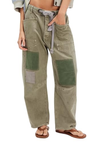 Mxiqqpltky Drawstring Barrel Jeans Women Low Rise Patchwork Y2k Mom Jeans Wide Leg Baggy Boyfriend Denim Pants Streetwear