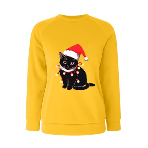 Sweatshirt de Noël femme imprimé chat jaune XL à col rond et manches raglan décontracté