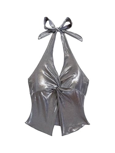 SHENHE Women's Halter Tank Tops for Women Backless Y2k Floral Sexy Casual Vest for Summer Vacation Top Silver Small