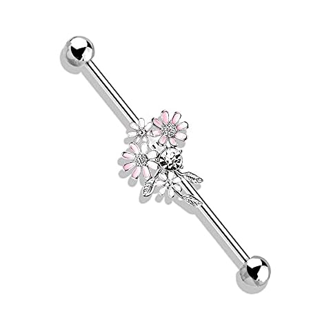 Pierced Owl - 14GA Stainless Steel CZ Crystal and Enamel Flower Bouquet Industrial Barbell Cover