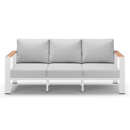 Image of Aluminum Outdoor Patio Furniture 3 Seats, All-Weather Outdoor Patio Sofa | Washable Thick Cushion, Morden Patio Couch for Porch, Balcony, Deck, Yard, White