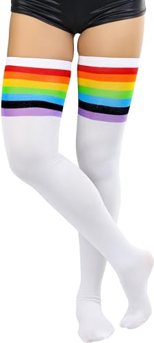 Image of ToBeInStyle Women's Bright Vibrant Rainbow Striped Thigh High Rave Stockings