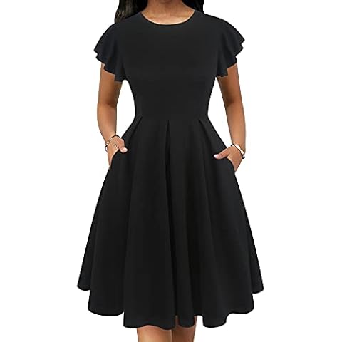 oxiuly Women's Flare Sleeve Scope Neck Church Vintage Dresses Casual Party Cocktail Dresses with Pockets OX376 (Fei Black, L) Cover