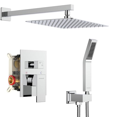 SR SUN RISE Polished Chrome Square Rainfall Shower Head and Handle Set, Wall Mounted Shower Fixtures, Metal Shower Faucet Trim Repair Kits (With Shower Valve)