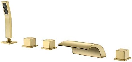 Hanallx Roman Tub Filler Waterfall Tub Faucet Brushed Gold Deck Mount Bathtub Faucets Brass Bathroom Faucets with Handheld Shower