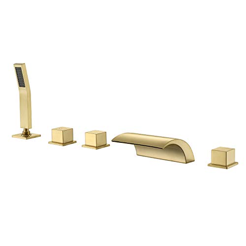 🛒 Flash Sale Hanallx Roman Tub Filler Waterfall Tub Faucet Brushed Gold Deck Mount Bathtub Faucets Brass Bathroom Faucets with Handheld Shower
