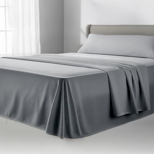 FUSIONHOME Juego de Sabanas 180x190/200 Gris - Sabanas Cama 180 - Ropa de Cama Completa 4 Piezas, 1 Sábana Bajera Ajustable, 1 Encimera y 2 Fundas Almohada - Microfibra Tacto Extrasuave